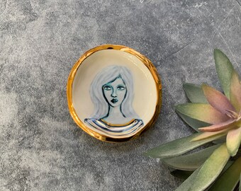 Blue girl 28, ceramic wall hanging, gold luster, boho art, small art, hand built pottery, shellie artist, white porcelain clay