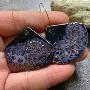 Purple and black earrings, Big ceramic earrings , porcelain ceramic earrings, copper plated hoops , Shellieartist, copper luster, texture