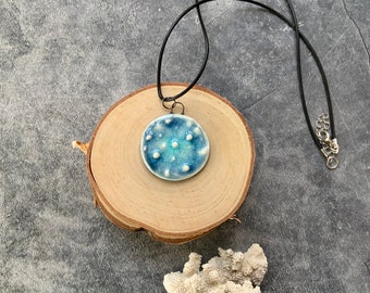 Blue moon ceramic pendant, porcelain pendant necklace, waxed black cord, ceramic jewelry, stamped clay, textured