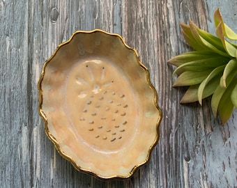 Pink pineapple ceramic dish, ceramic oval dish , shellieartist, trinket dish, kitchen decor, gold luster