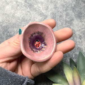 May include: A small, handmade ceramic dish with a ladybug design. The dish is a soft pink color with a deep purple center and gold accents. The ladybug is red with black spots. The dish is held in a hand.