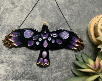 Flying blackbird with purple, porcelain wall art, gold luster, boho art, stamped pottery, shellieartist, ceramic, flying black bird decor