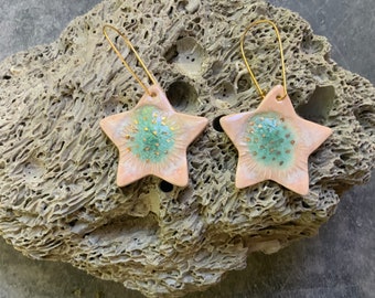 Star porcelain ceramic earring, dangle earrings, gold plated hooks, pink and aqua blue stars, shellieartist, gold luster