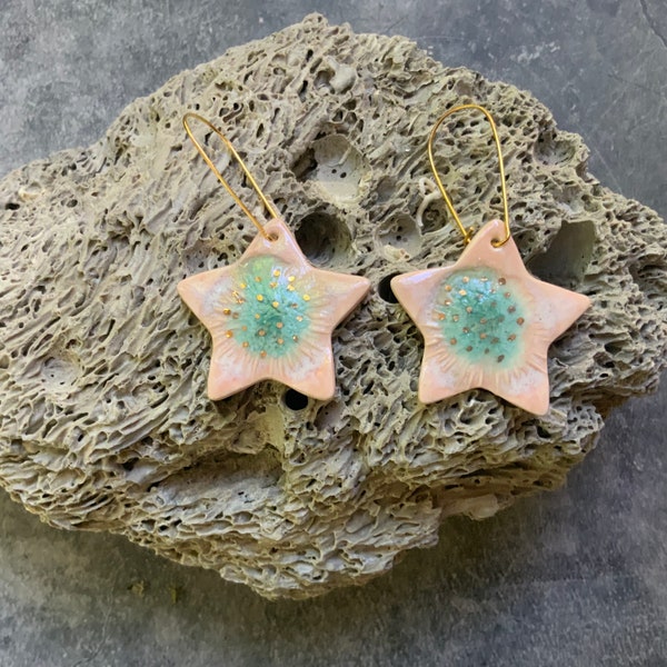 Star porcelain ceramic earring, dangle earrings, gold plated hooks, pink and aqua blue stars, shellieartist, gold luster