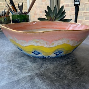 Drippy pink and yellow ceramic fruit bowl, shellieartist, kitchen decor, pop of color, center piece bowl, pottery collector, serving bowl