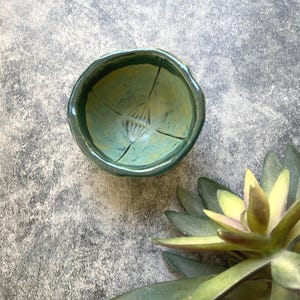 May include: A small, handmade ceramic bowl with a unique, textured design. The bowl features a light green interior with a darker green rim and exterior. The interior has a carved floral pattern. The bowl is displayed with a succulent plant.