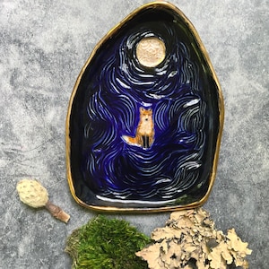 Midnight Fox Ceramic Wall Art: Gold Luster Porcelain Decor