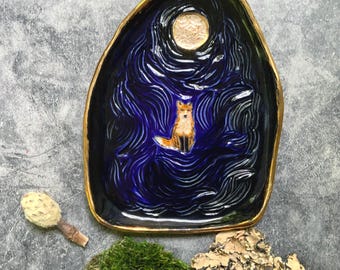 Midnight Fox Ceramic Wall Art: Gold Luster Porcelain Decor