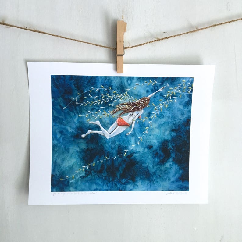Beach decor print, gifts for her, swimmer girl, shabby chic, underwater blue, graduation gift, reproduction print, shellieartist image 2