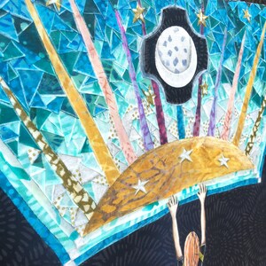 May include: A colorful, abstract art piece with a crescent moon, stars, and a person reaching up to hold a golden sun. The background is a dark blue with a mosaic pattern.
