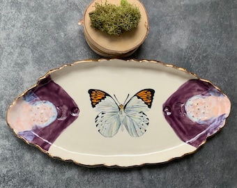 Great orange tip butterfly dish, ceramic plate, woodland rustic, home decor, shellieartist, housewarming gift, porcelain, gold luster