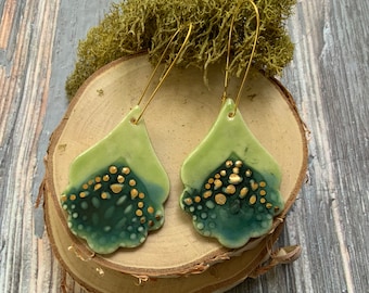 Green and gold earrings, Big ceramic earrings , porcelain ceramic earrings, gold plated kidney hook, shellieartist, one of a kind earrings
