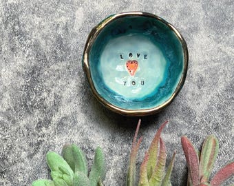 Love You blue and pink stamped pinch pot ceramic bowl, small bowl, unique home decor, shellieartist, trinket bowl, gold luster