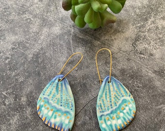 Blue butterfly wing earrings, porcelain ceramic earring, gold plated hooks, shellieartist, gold luster, hand painted, underglaze