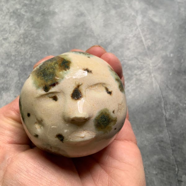 Ceramic moon face #70, Ceramic wall hanging, boho art, shellieartist, porcelain, face in clay,  cream white moon, neutral colors