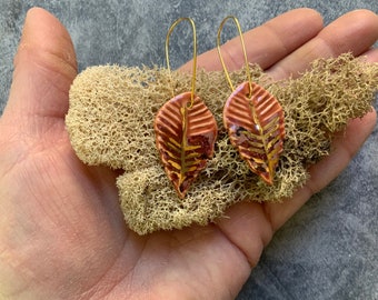 Red leaf earrings, ceramic earrings , porcelain earrings, gold plated hooks, shellieartist, gold luster, handmade, teardrop