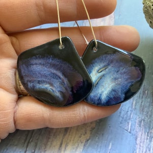 Purple and black earrings, Big ceramic earrings , porcelain ceramic earrings, silver plated hooks, shellieartist, one of a kind earrings