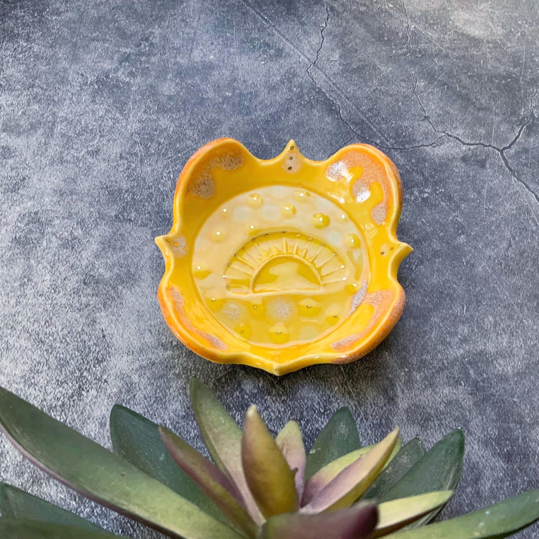 Bright Yellow Sunshine Trinket Dish, Small Ceramic Dish, Gold Luster ...