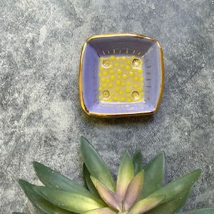 Small purple and yellow ceramic trinket dish, home decor, shellieartist, porcelain, housewarming gift, square dish, gold luster
