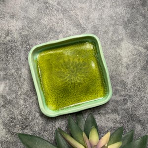 Bright lime green square trinket dish, small ceramic dish, unique home decor, shellieartist, hand built, white clay, carved texture