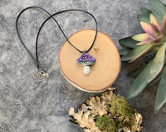 Purple mushroom ceramic pendant, porcelain pendant necklace, underglaze, waxed black cord, mother of pearl, gold luster