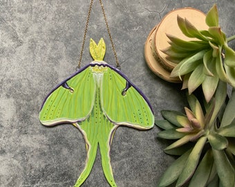 Luna Moth ceramic wall hanging, gold luster, green hand painted moth, shellieartist, porcelain, wall art, nature inspired, moon moth
