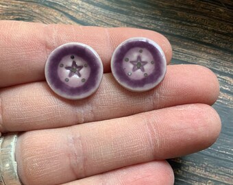 Purple porcelain circle ceramic earring, stud earrings, post earrings, white gold luster, circle studs, shellieartist, star stamp