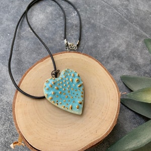 Blue heart ceramic pendant, porcelain pendant necklace, waxed black cord, ceramic jewelry, stamped clay, textured image 3
