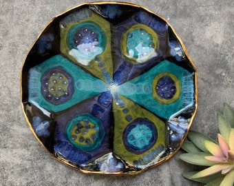 Blue and olive green kaleidoscope geometric plate, ceramic platter, shellieartist, kitchen decor, serving plate, gold luster, unique pattern