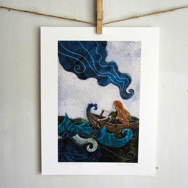 Regalo para ella, decoración única para la habitación de los niños, arte oceánico, nunca miró atrás, soñadora de aventuras, niña en un bote, impresión de reproducción de 8,5 x 11