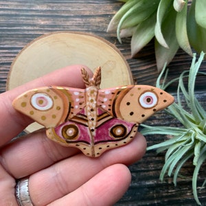 Pink and peach moth brooch, porcelain ceramic jewelry, brooch backer, shellieartist, gift for her, hand painted, gold luster image 4