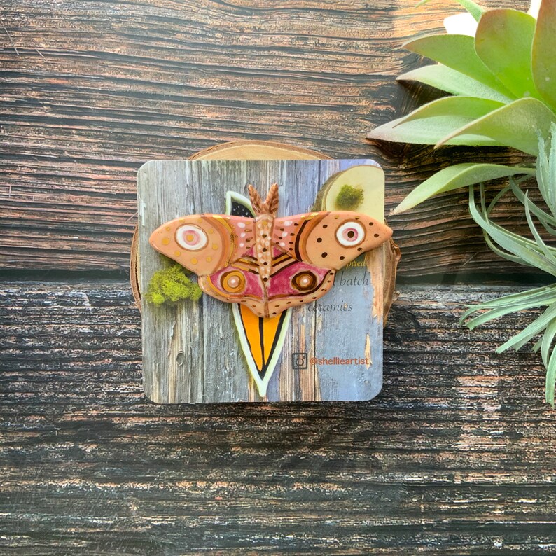 Pink and peach moth brooch, porcelain ceramic jewelry, brooch backer, shellieartist, gift for her, hand painted, gold luster image 5