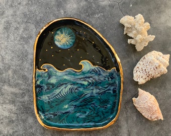 Ocean Landscape dish, ceramic dish, beach house decor, home decor, shellieartist, housewarming gift, porcelain, gold luster