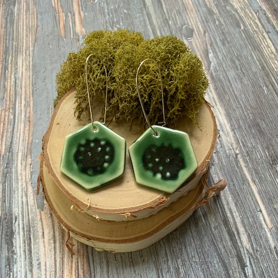 Hexagon dangle earrings, porcelain ceramic earrings, silver plated hooks, shellieartist, one of a kind, Forest green glaze, hypoallergenic