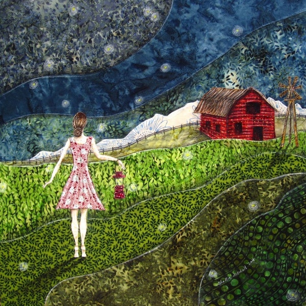 Gathering Fireflies, rustic red barn farm, farm girl, summer, green grass, 8.5 x 11 Archival Reproduction Print
