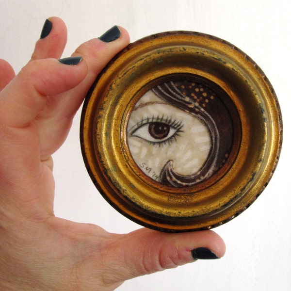 Brown Eyed Girl, vintage gold frame round, tiny art, Original Fabric on Wood art