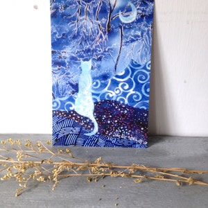 Blue blue evening, blank post card, indigo blue, cat, night moon, glossy finish 4 x 6