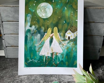 Sister Love, gift for her, sisterhood, nursery decor, full moon, dreamy forest, white house, home decor print, shellieartist, archival print