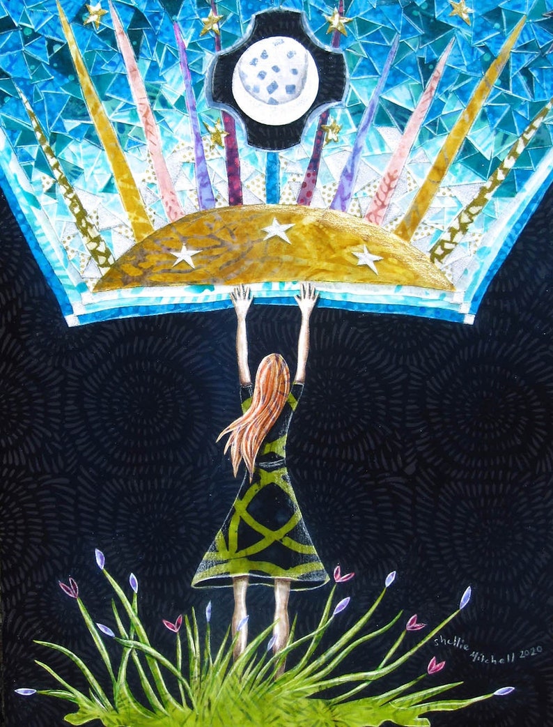 May include: A woman in a green and black dress with her arms raised, reaching up towards a colorful, mosaic-like sky with a moon and stars. The background is black with a swirling pattern. The woman is standing on a bed of green grass with purple flowers.