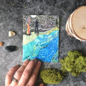 Campfire Stories, note card, smores, engagement card,  illustrated blank card, camping river hike blue, glossy finish