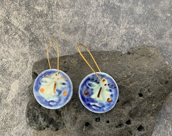 Blue moon face circle earrings, porcelain ceramic earrings, gold plated hooks, shellieartist, stamped texture, unique earrings, gold luster