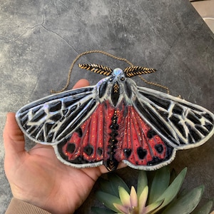 Tiger moth ceramic wall hanging, gold luster, red black white moth, shellieartist, porcelain, wall art, nature inspired, mother of pearl