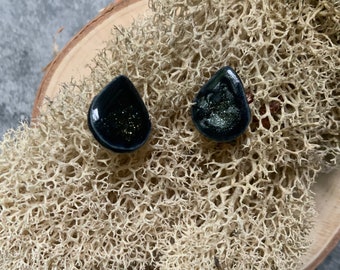 Black shimmer porcelain ceramic earrings, stud earrings, small post earrings, teardrop studs, shellieartist, one of a kind