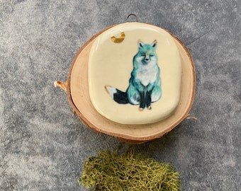 Tiny blue fox ceramic wall art, shellieartist, gift for her, home decor, gold luster, pottery collector, art collector, woodland fox