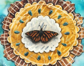 Monarch Butterfly Mandala Art: Mixed Media Fabric on Wood Panel