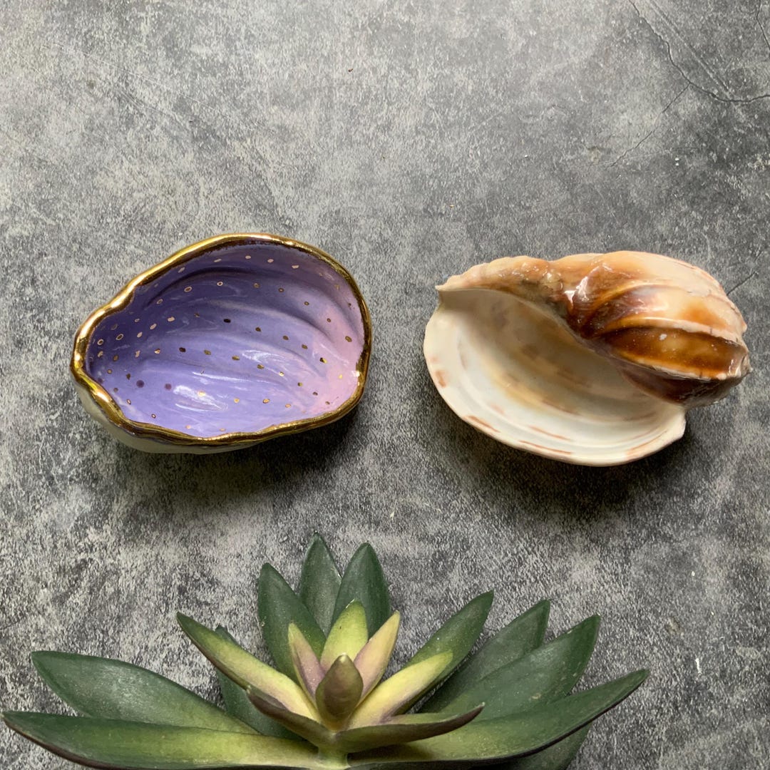 Purple Lavender and Pink Seashell Ceramic Dish, White Clay, Gold Luster ...