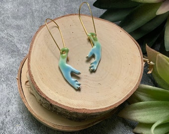 Blue and green hands earrings, porcelain ceramic earrings, gold plated hooks, shellieartist, gold luster, mirrored hands, dancer hands