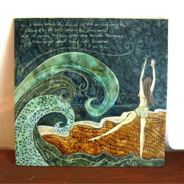 Silhouetted by the Sea, Bob Dylan lyrics, Mr. Tambourine Man, Original Fabric on Wood art