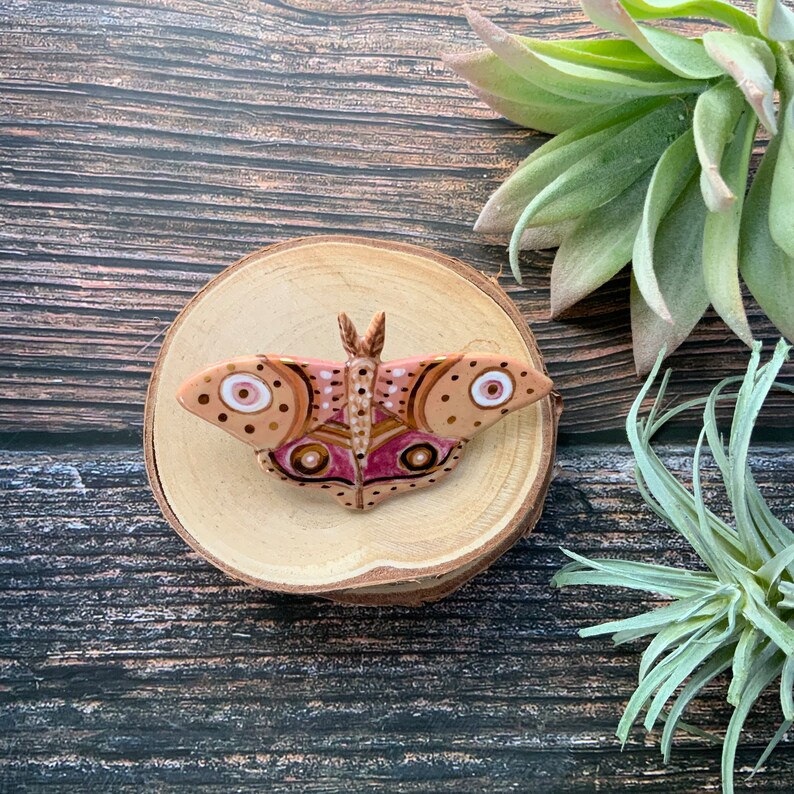 Pink and peach moth brooch, porcelain ceramic jewelry, brooch backer, shellieartist, gift for her, hand painted, gold luster image 1