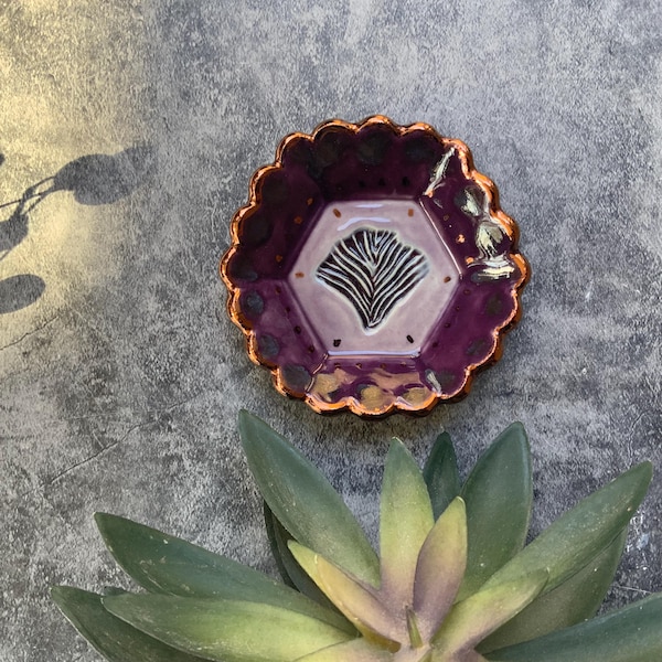Purple stamped trinket dish, small ceramic dish, copper luster, unique home decor, shellieartist, hand built pottery, porcelain